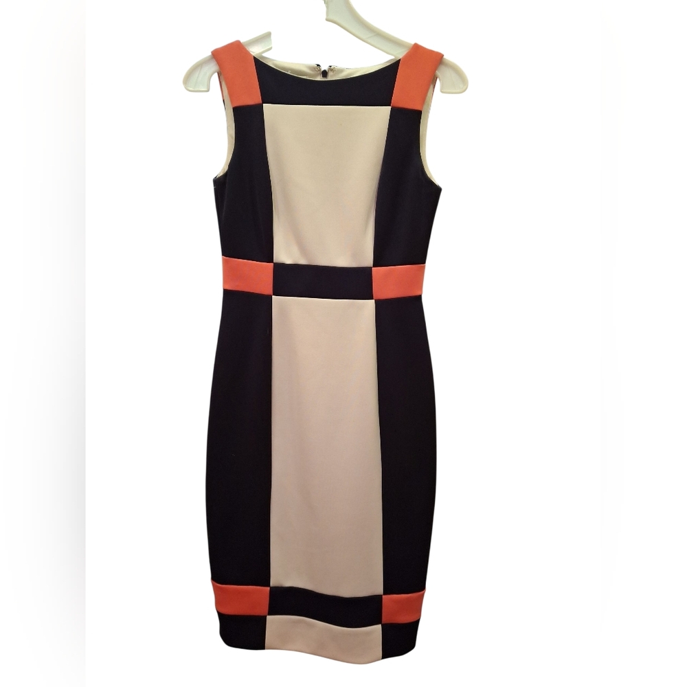 "Maggy London" Navy and Peach Sheath Midi Dress Bateau Neckline. Sz.2. So cute..
